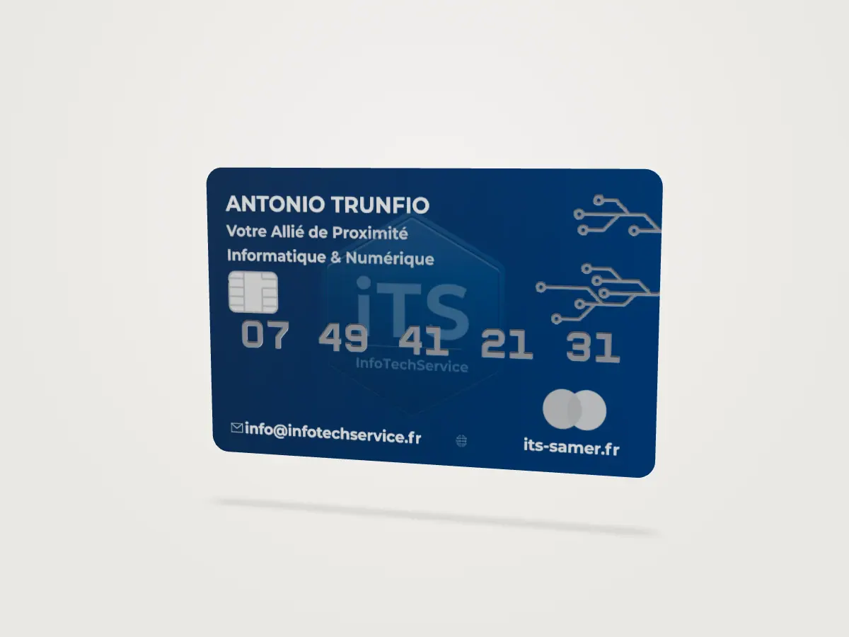 Carte de visite bleue en 3D avec coordonnées et logo