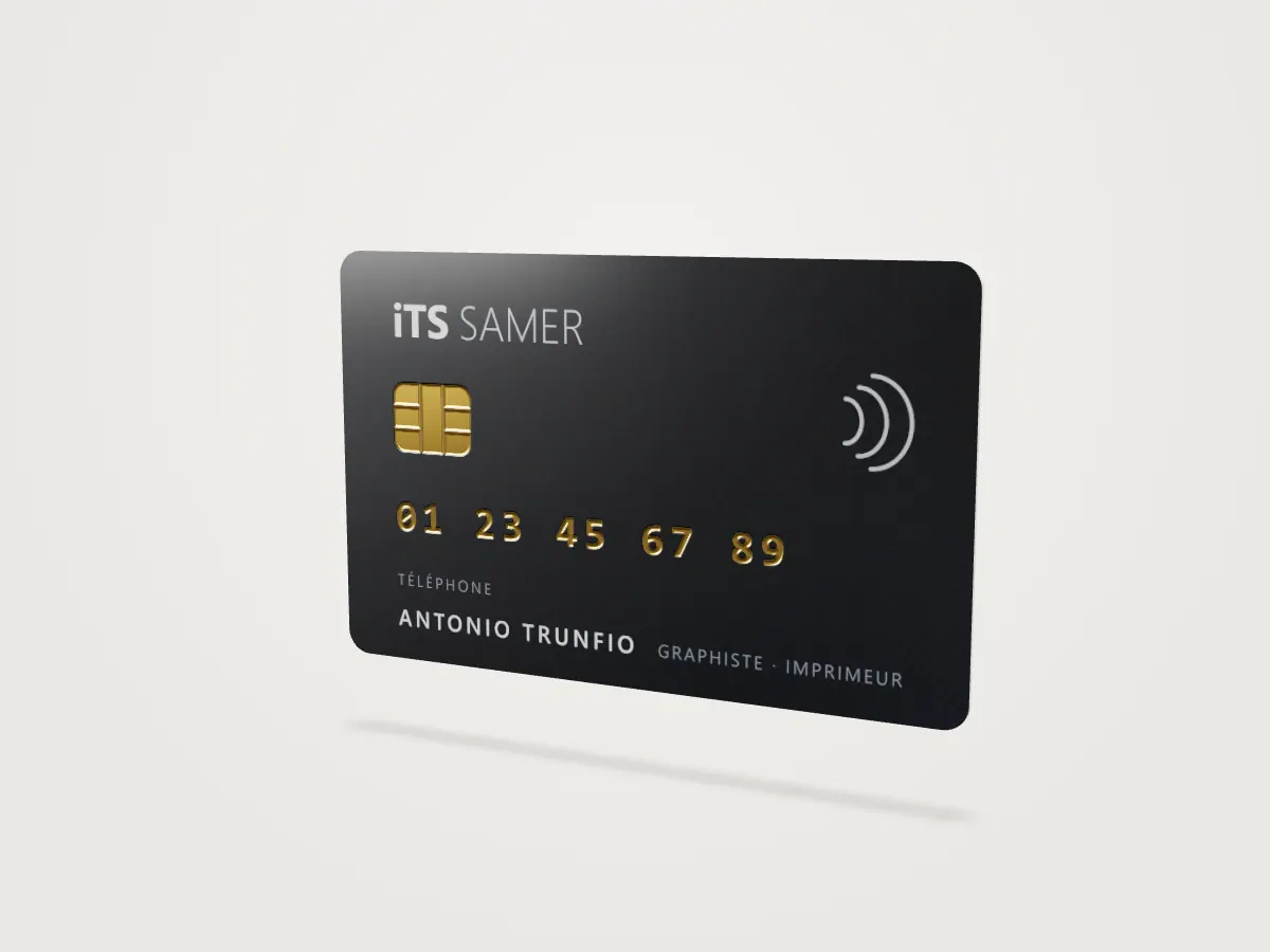 Carte de visite PVC noire façon carte bancaire avec numéro en dorure or, en 3D