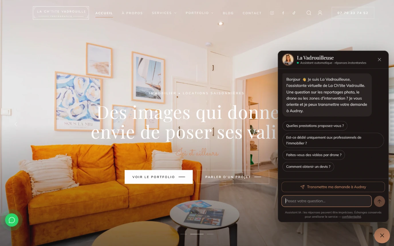 Assistante IA La Vadrouilleuse ouverte sur le site