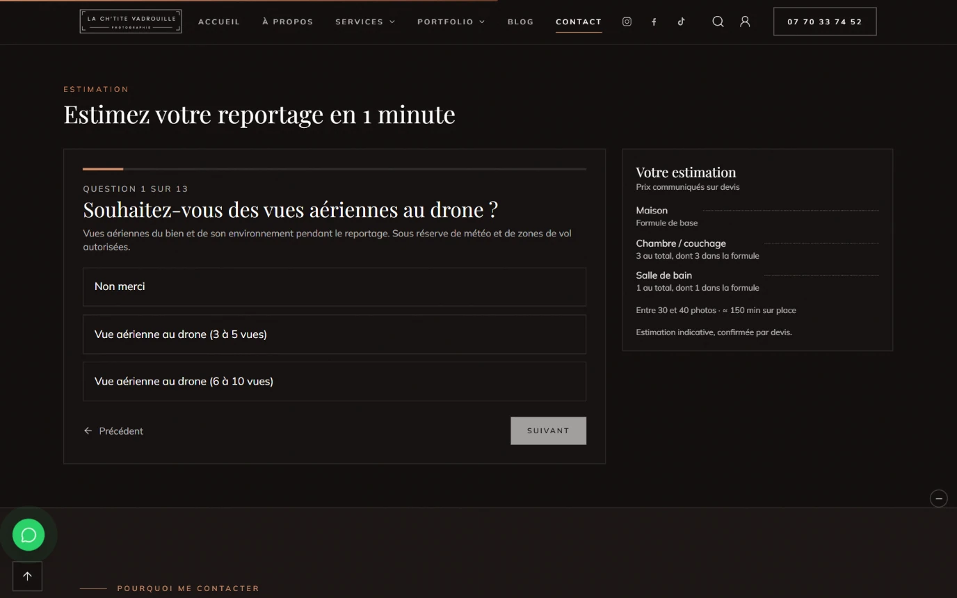 Estimateur de reportage avec le récapitulatif « Votre estimation »