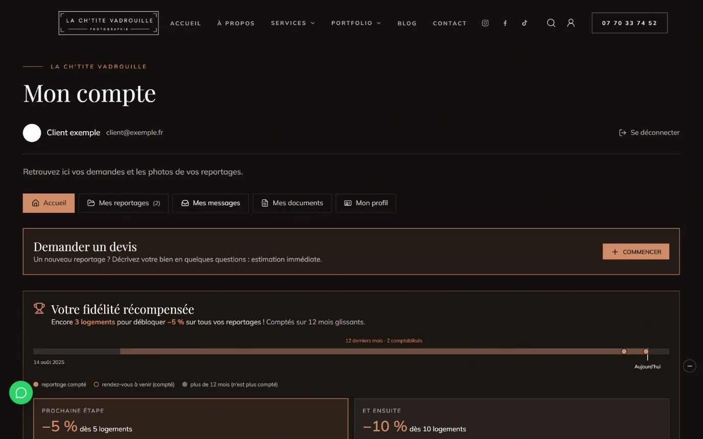 Espace client Mon compte de La Ch’tite Vadrouille (compte d’exemple)