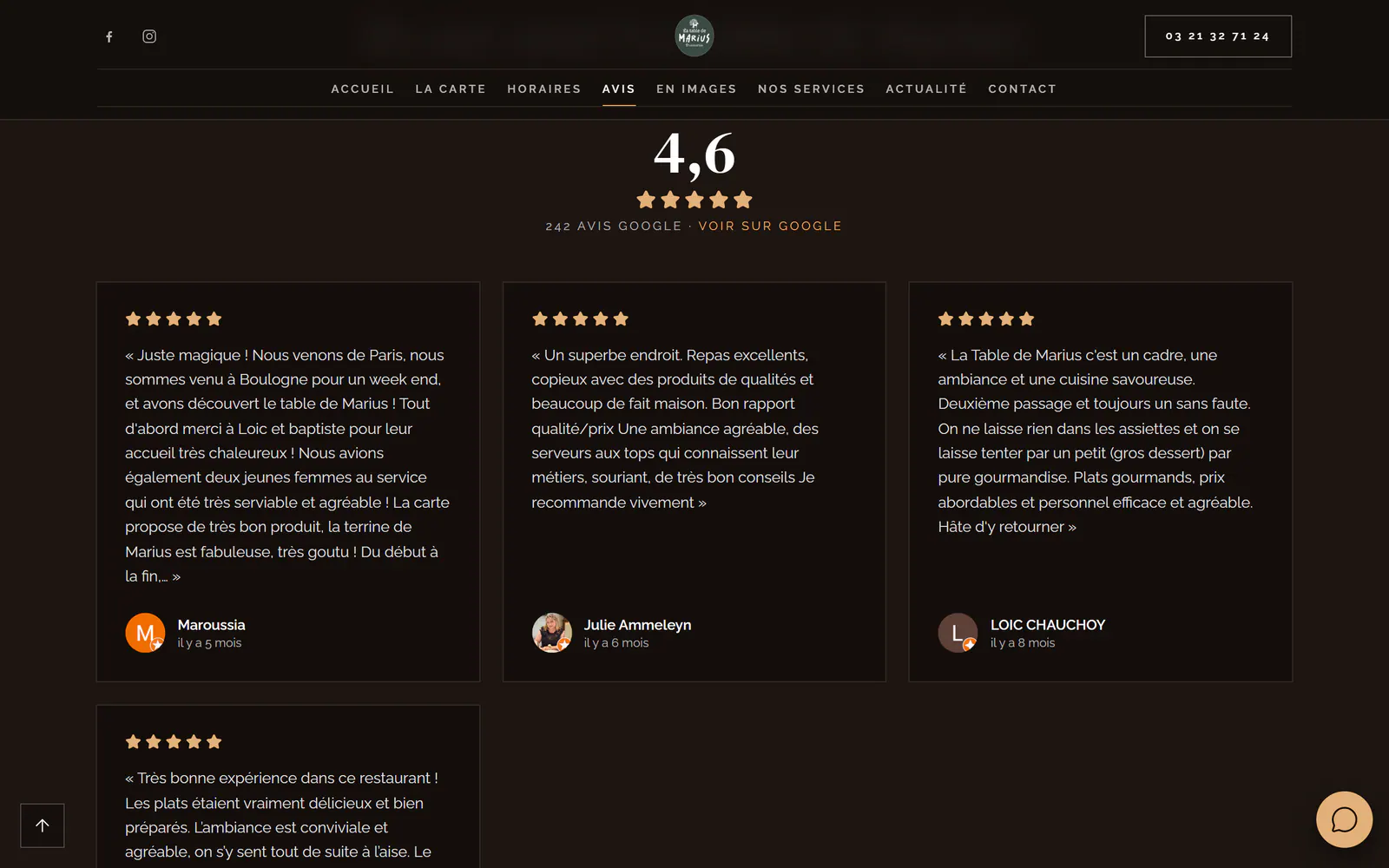 Page Avis du site de La Table de Marius : note Google 4,6 sur 242 avis et derniers avis 5 étoiles