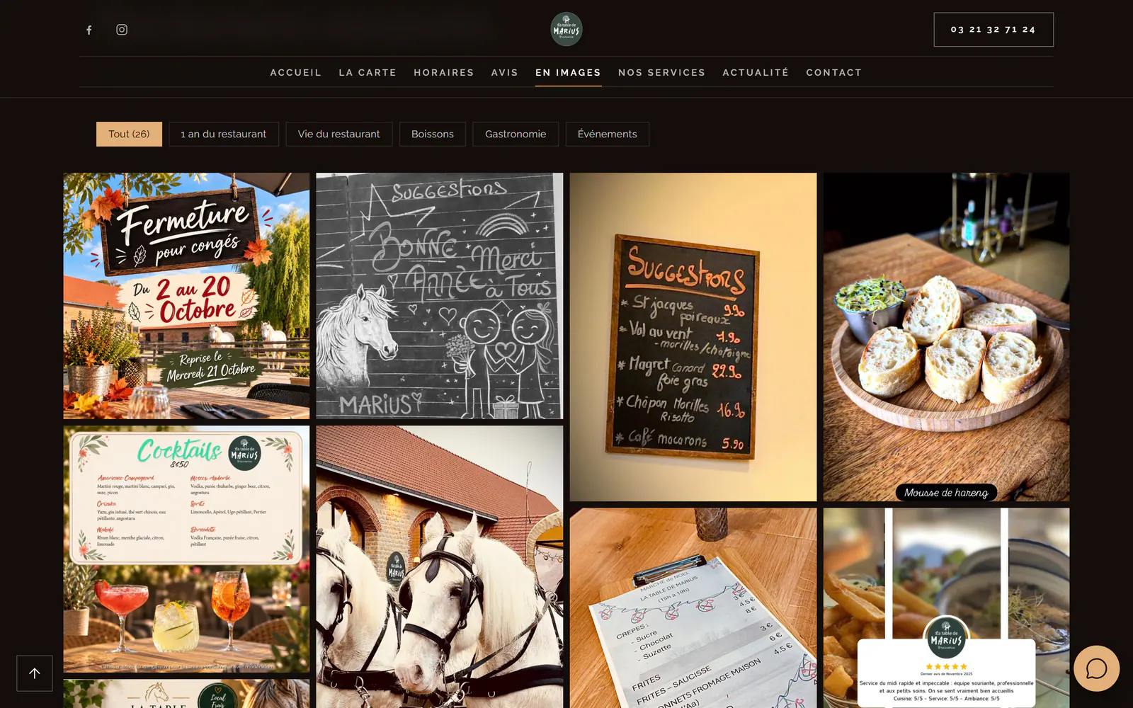 Page En images du site de La Table de Marius : photos Instagram rangées par événement