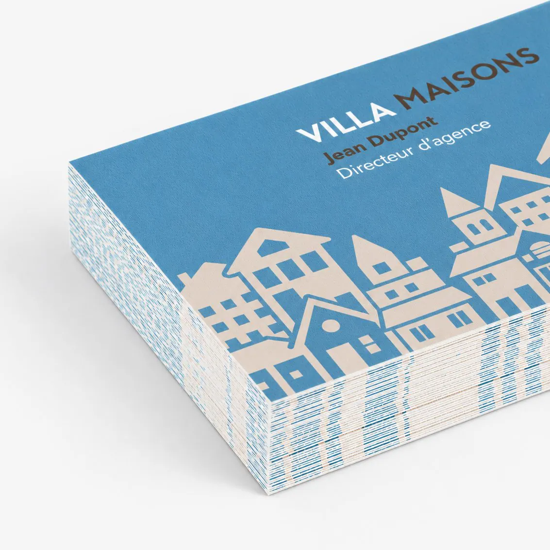 Cartes de visite bleues Villa Maisons avec illustrations de maisons et nom Jean Dupont Directeur d'agence