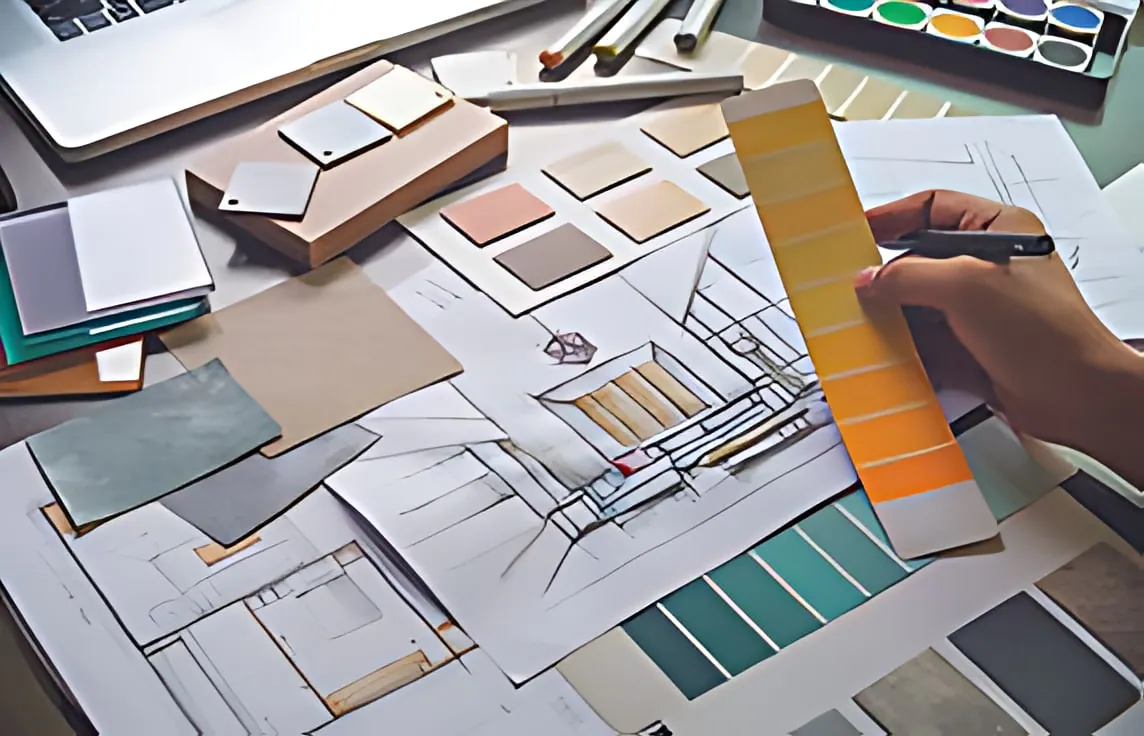 Designer d'intérieur travaillant sur les nuances de couleurs et plans architecturaux pour la décoration d'un espace