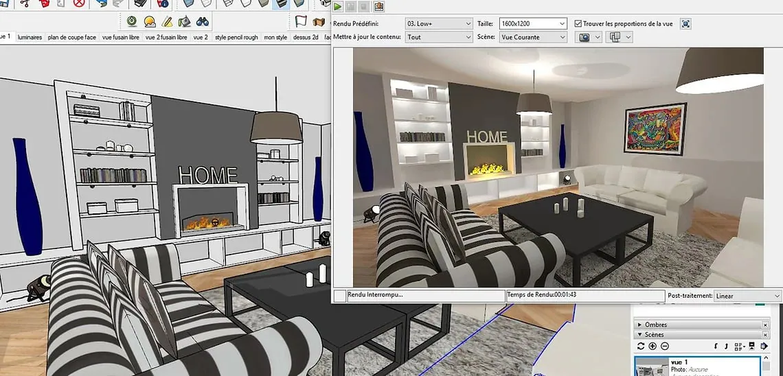 Visualisation 3D d'un salon moderne avec cheminée, canapé rayé noir et blanc, et meuble de rangement intégré