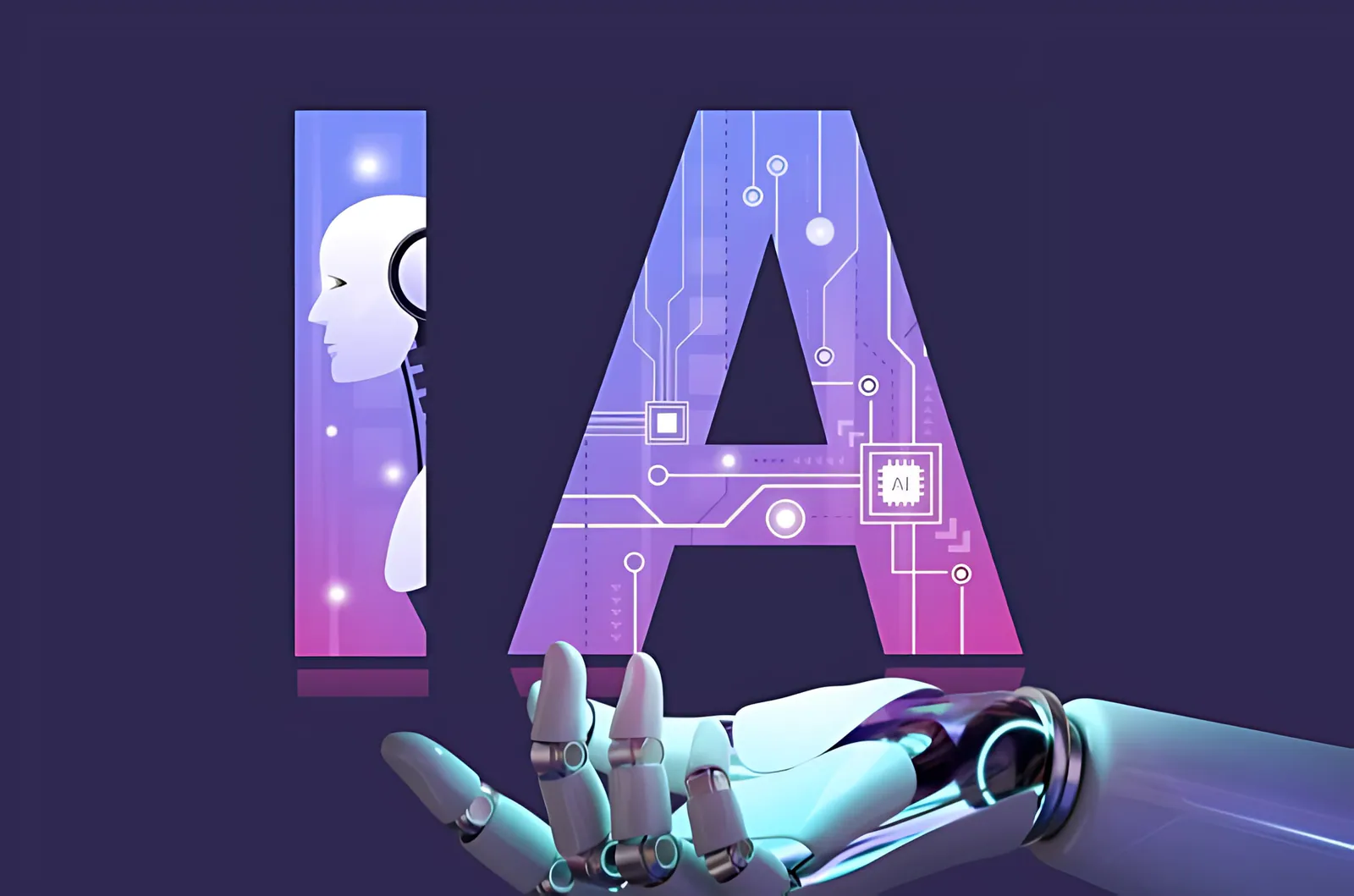 Illustration conceptuelle de l'intelligence artificielle avec silhouette de profil, circuits électroniques et main robotique