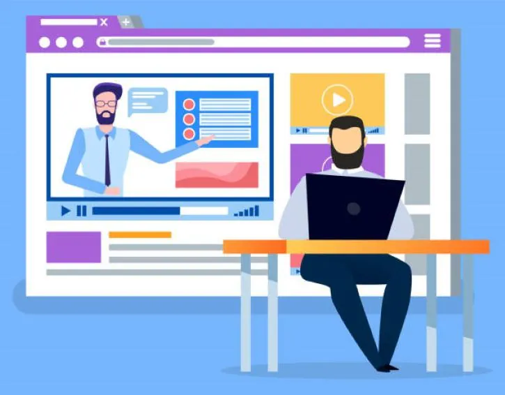 Homme suivant une formation en ligne sur son ordinateur portable avec vidéo de formateur