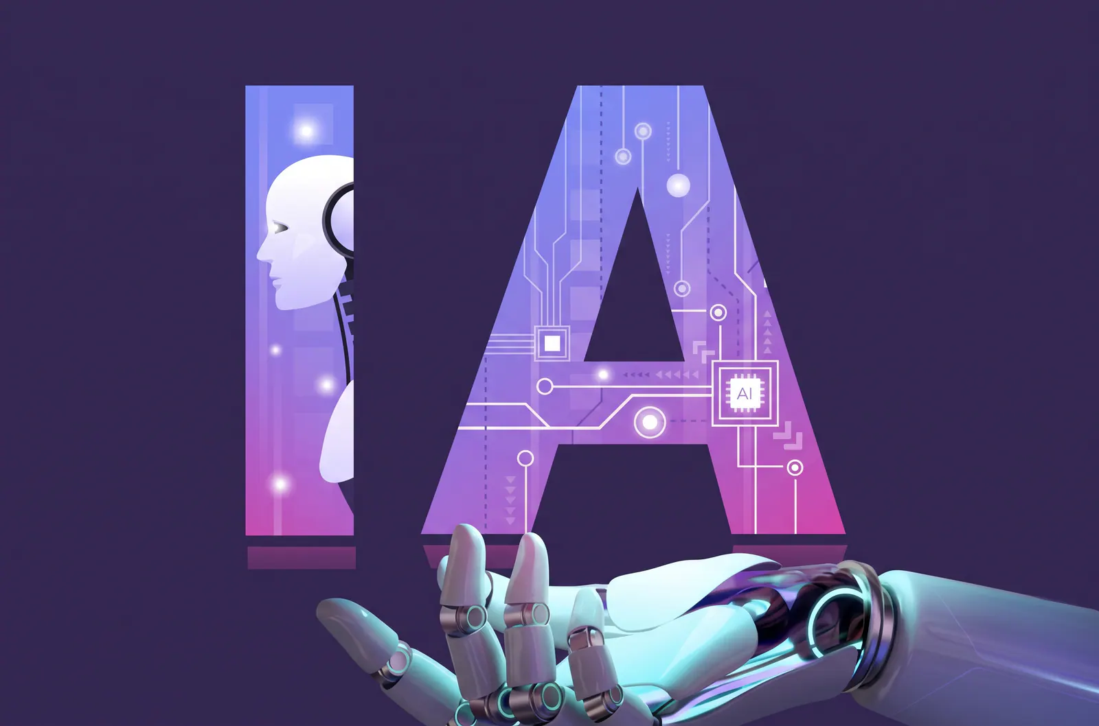 Intelligence artificielle et technologie numérique avec tête de robot et circuits électroniques stylisés en violet