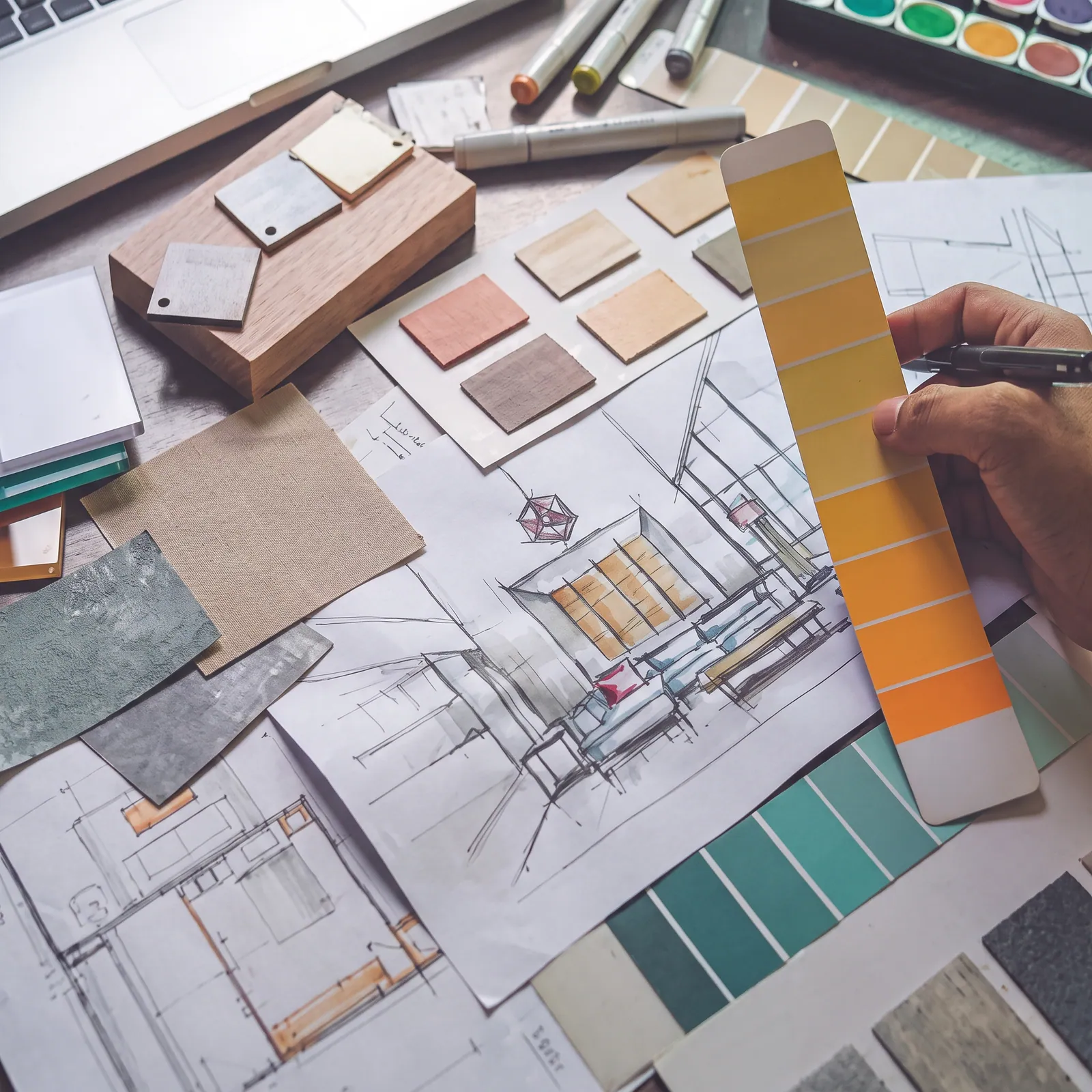 Plan d'intérieur avec nuanciers de couleurs et échantillons de matériaux pour projet de décoration