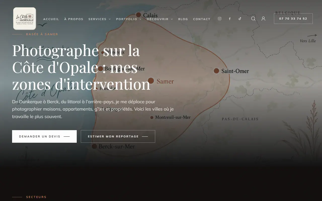 Page « zones d’intervention » du site La Ch’tite Vadrouille avec la carte de la Côte d’Opale