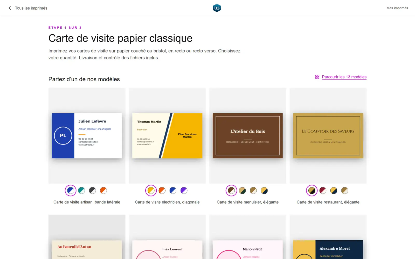 Choix d’un modèle de carte de visite avec variantes de couleurs