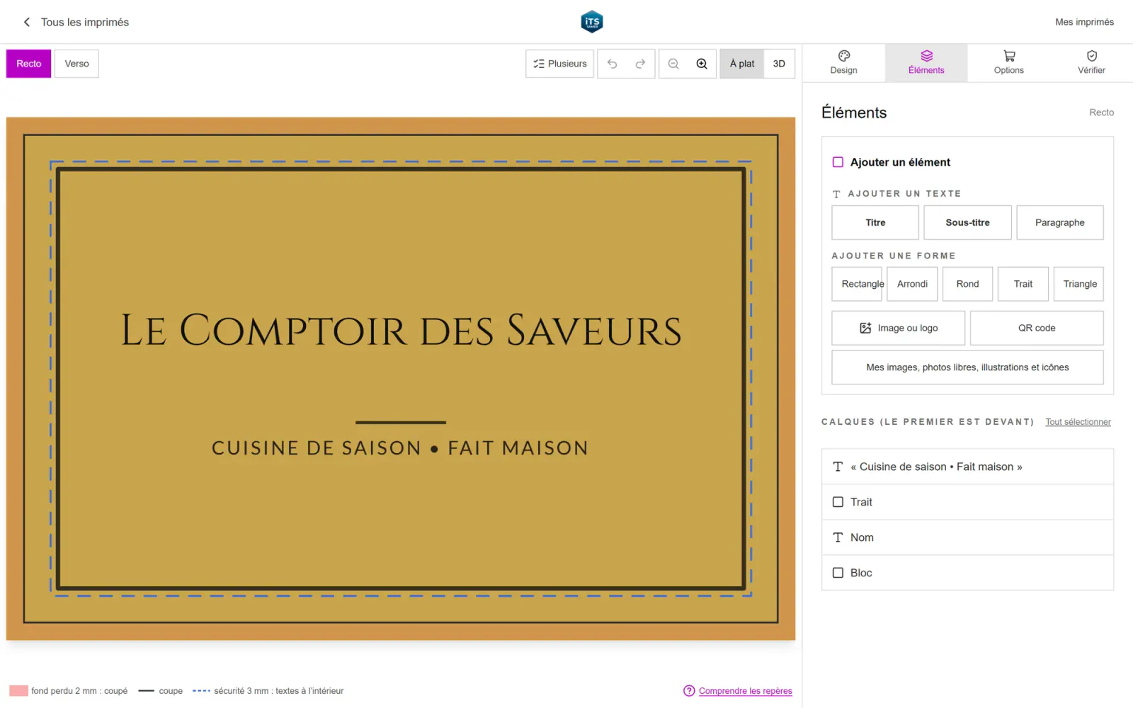Éditeur en ligne de carte de visite avec repères de coupe, fond perdu et calques